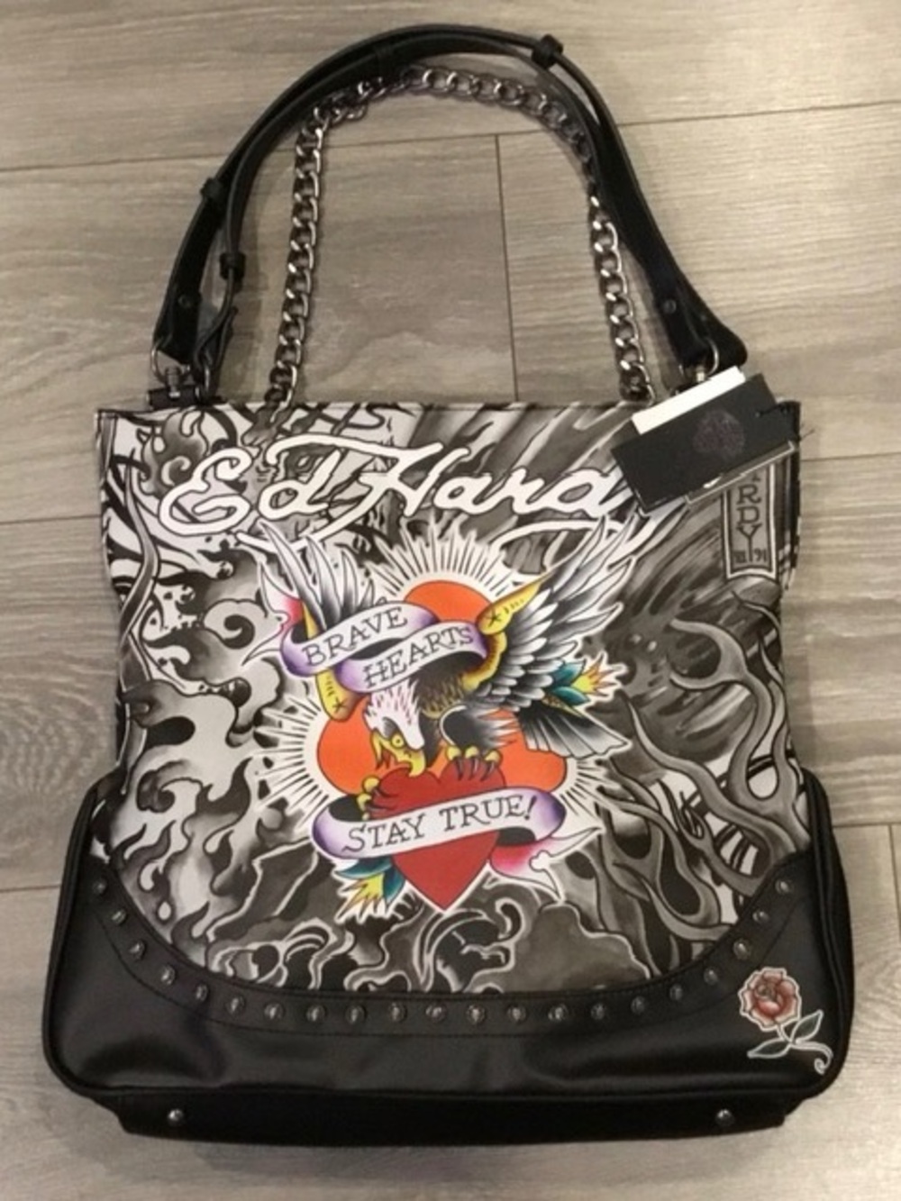 Ed Hardy Black Multicolor Brave Hearts Graphic Tote